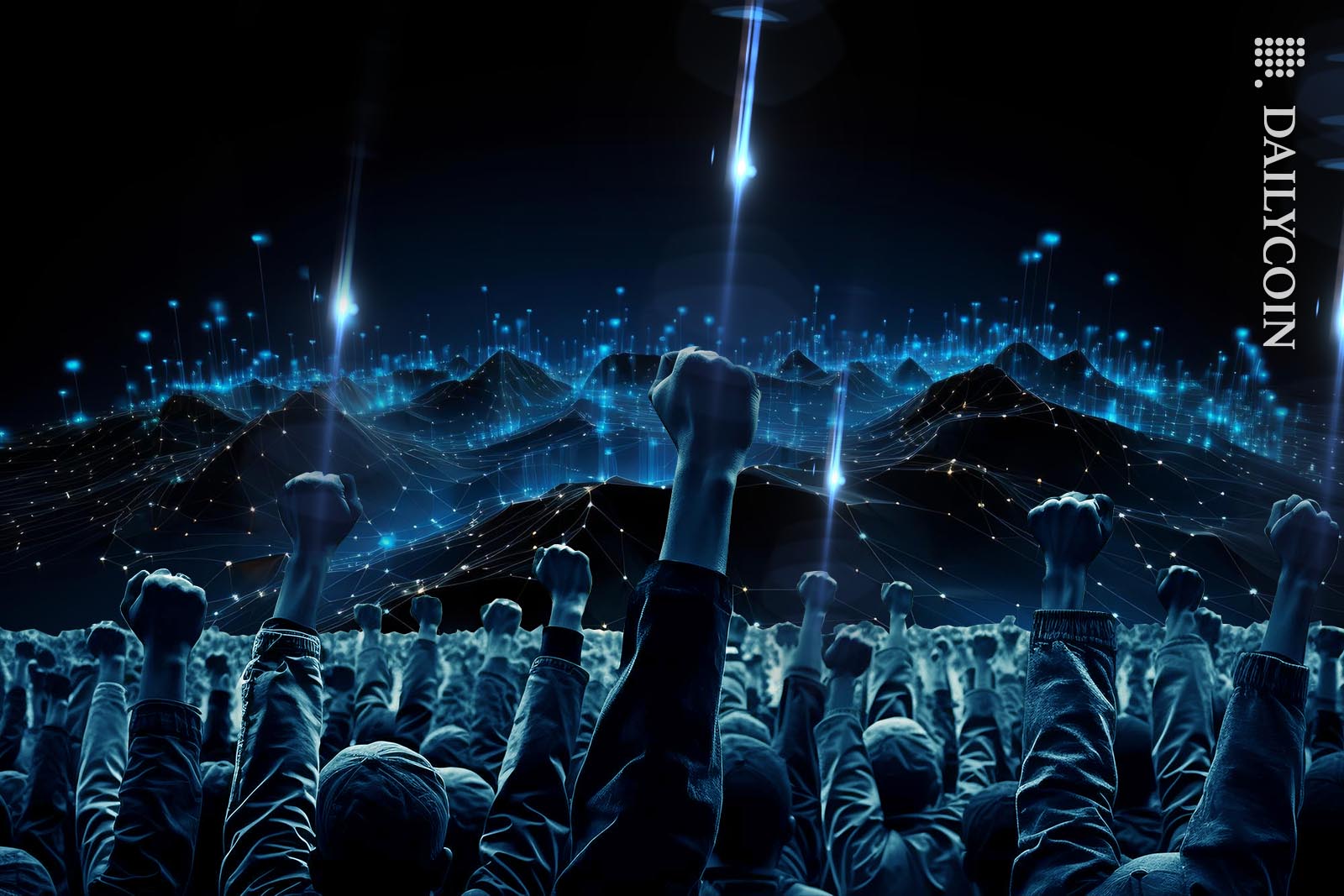 A crowd of people with their fists in the air shooting light beams towards the sky.