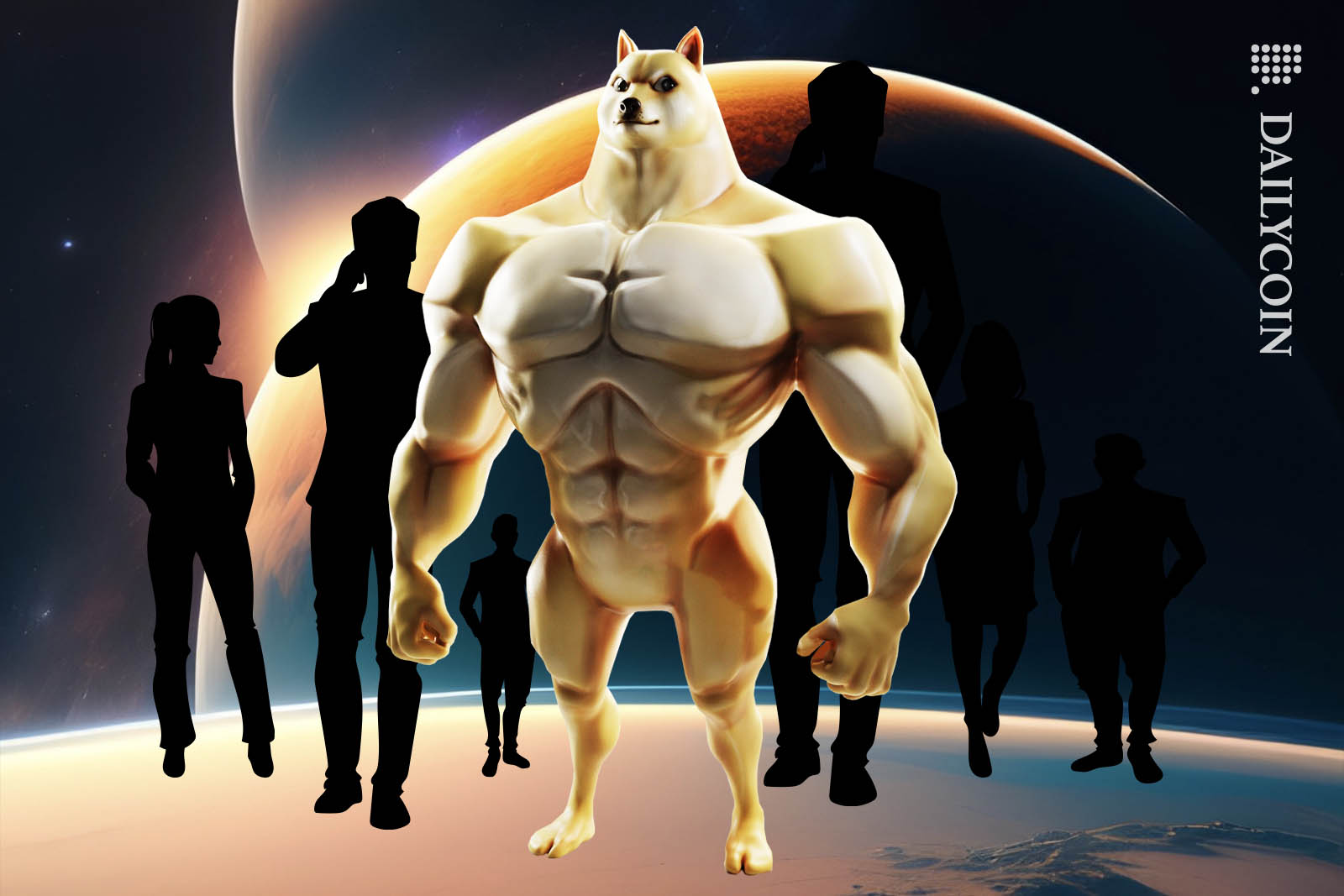 Huge buffed Doge posing in space surrounded by 6 mysterious figures.