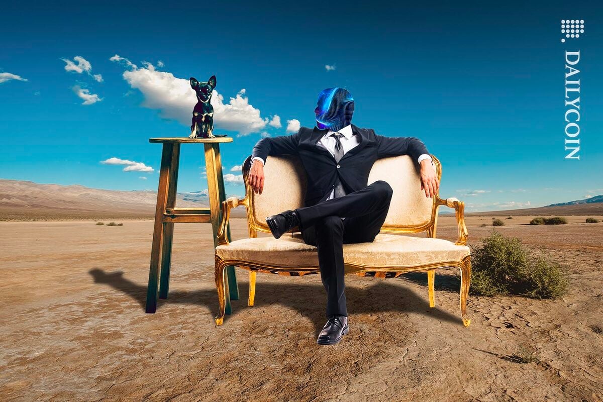 Man with an abstract digital head, sitting in a fancy chair next to a small dog on a stool in the middle of a desert.