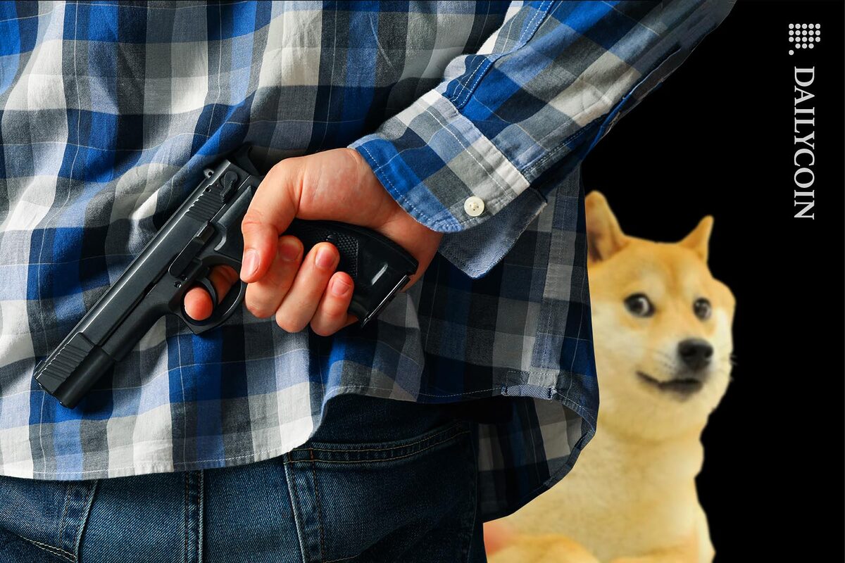 DogeCoin dog looking behing a man who is holding a gun ready to send him to the farm.