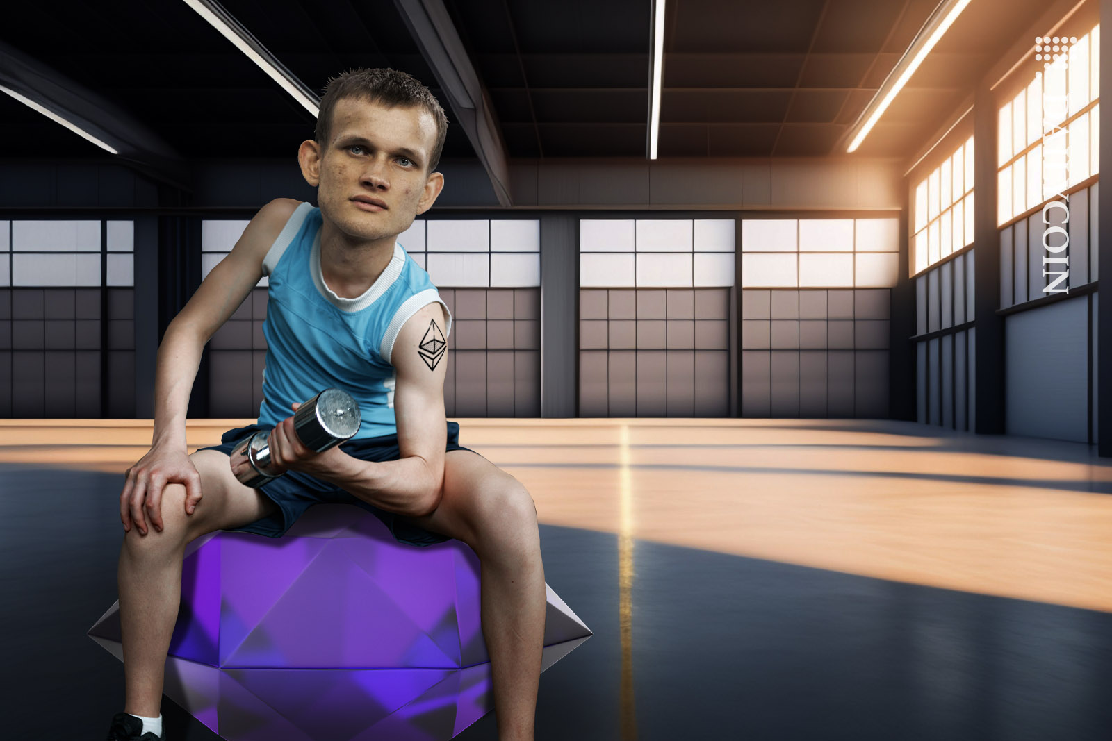 Vitalik Buterin working out in an empty gym, flexing his arm with an Ethereum tattoo on it.