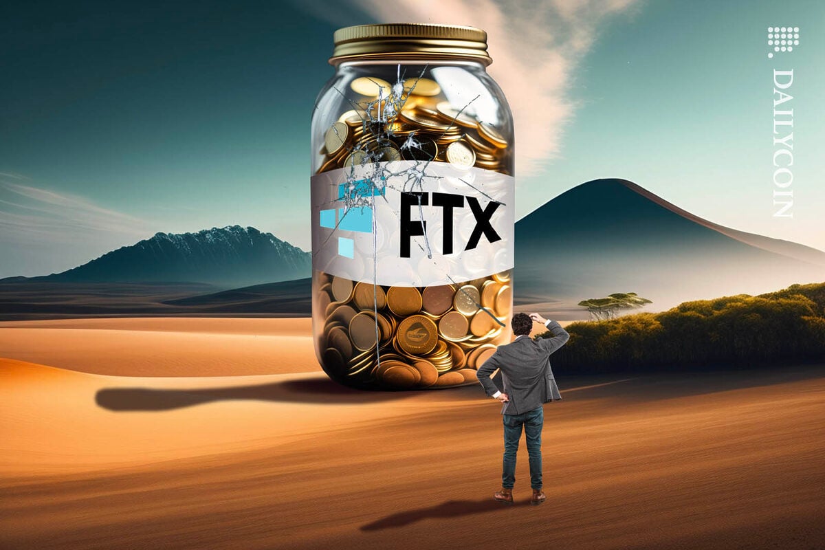 Nervous man looking at a huge jar of coins, the jar has an FTX logo and lot's of cracks.