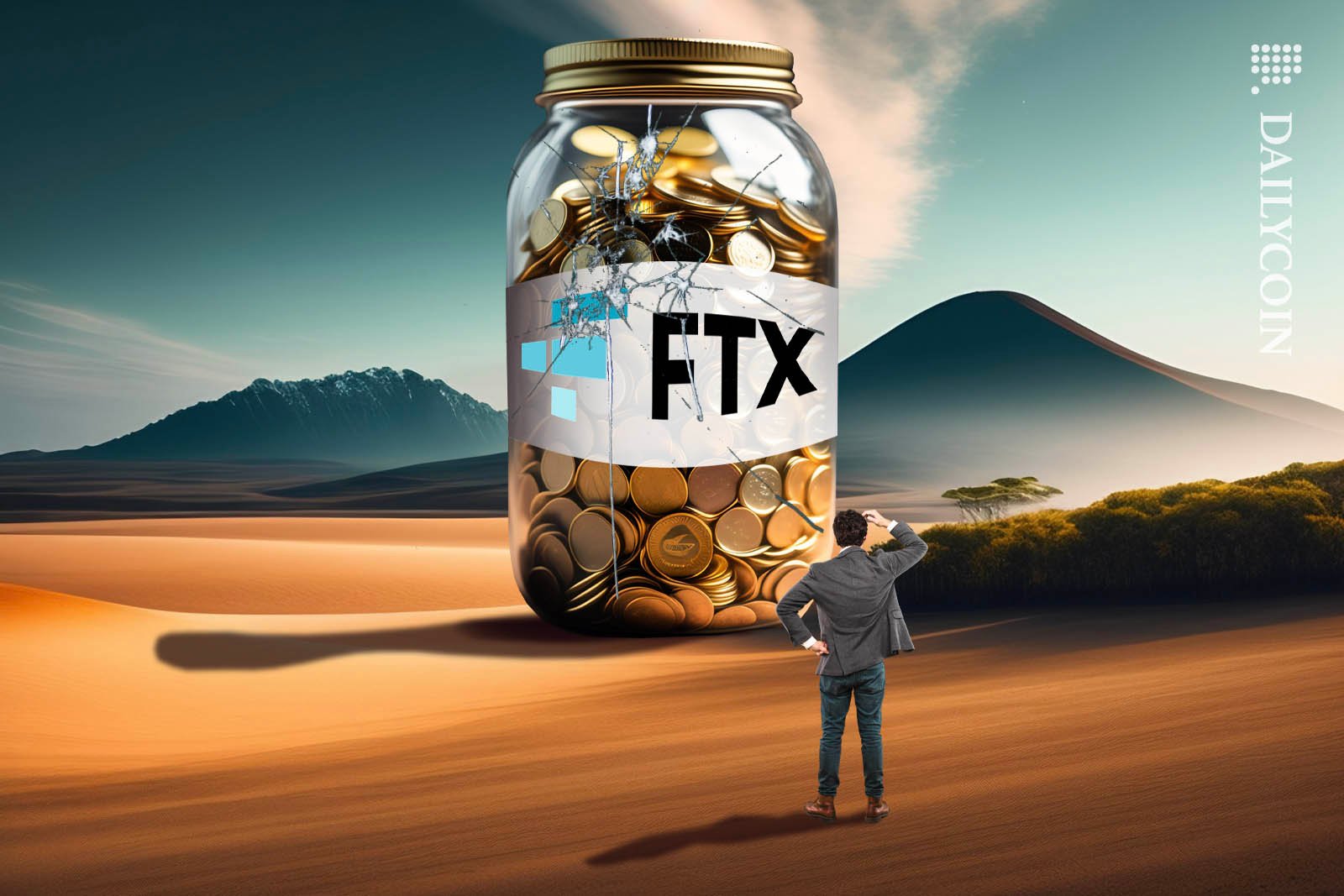 Nervous man looking at a huge jar of coins, the jar has an FTX logo and lot's of cracks.