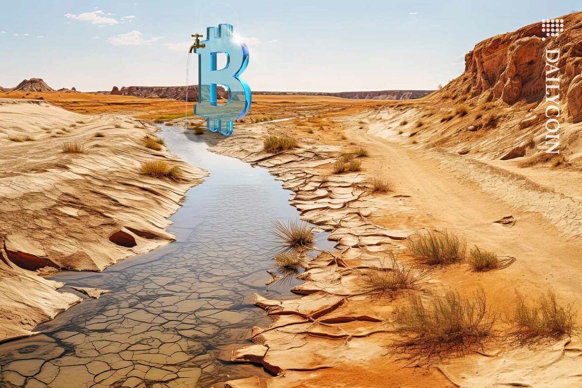 Water flowing out of a large glass bitcoin in the desert throgh a tap.