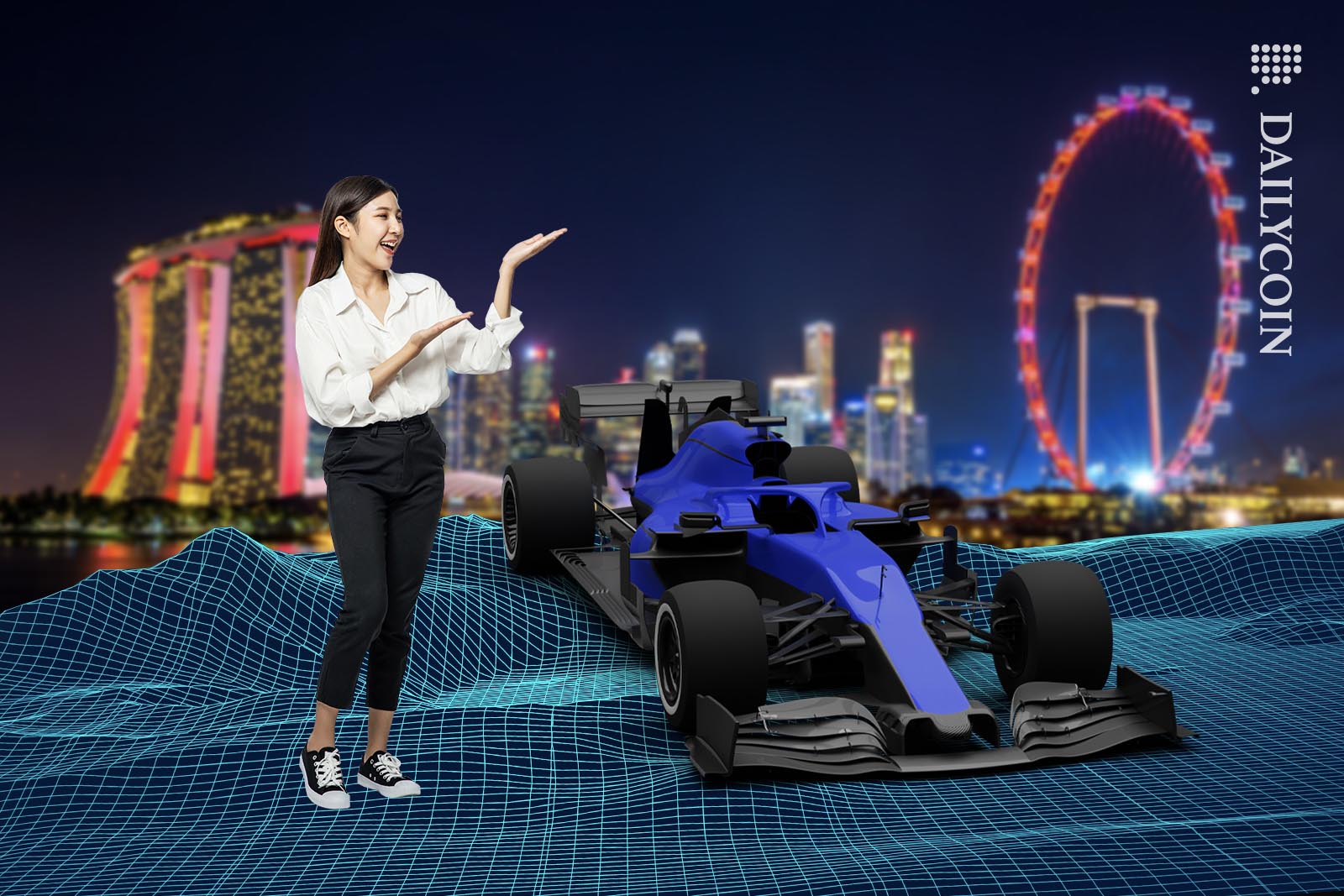 Asian girl presenting an F1 car for the Singaporian Grand Prix with zero sponsors or livery.