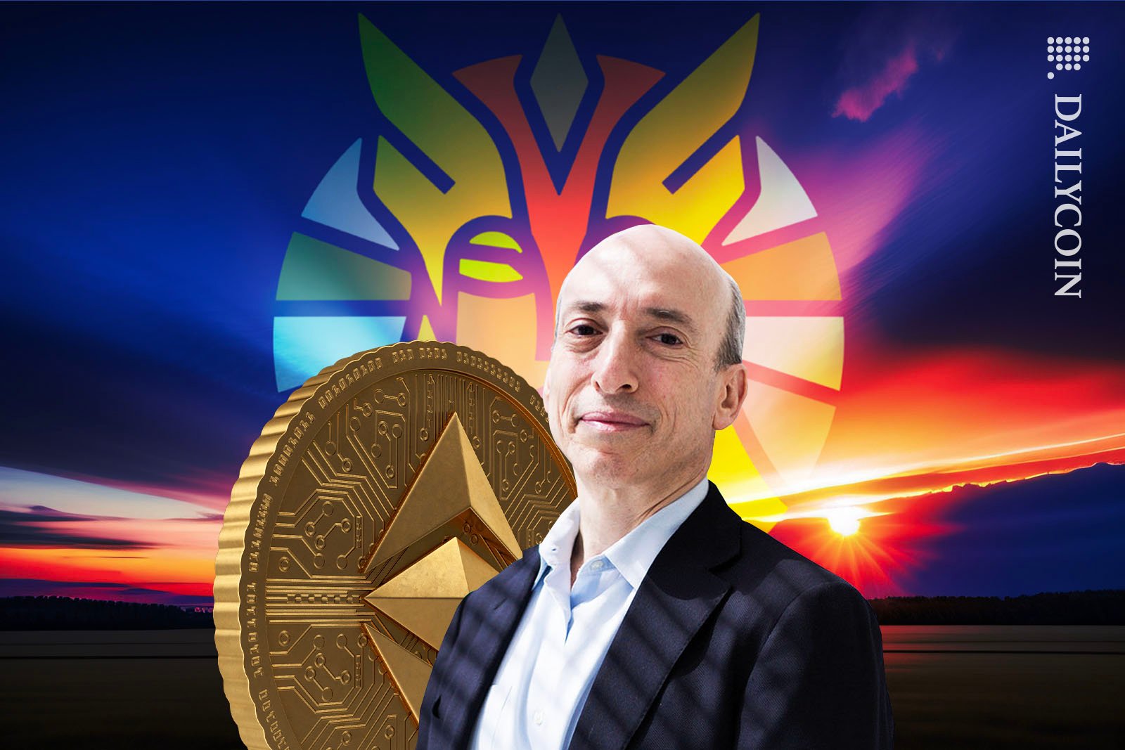 Gary Gensler smiling next to an Ethereum coin, infront of a Valkyrie logo.