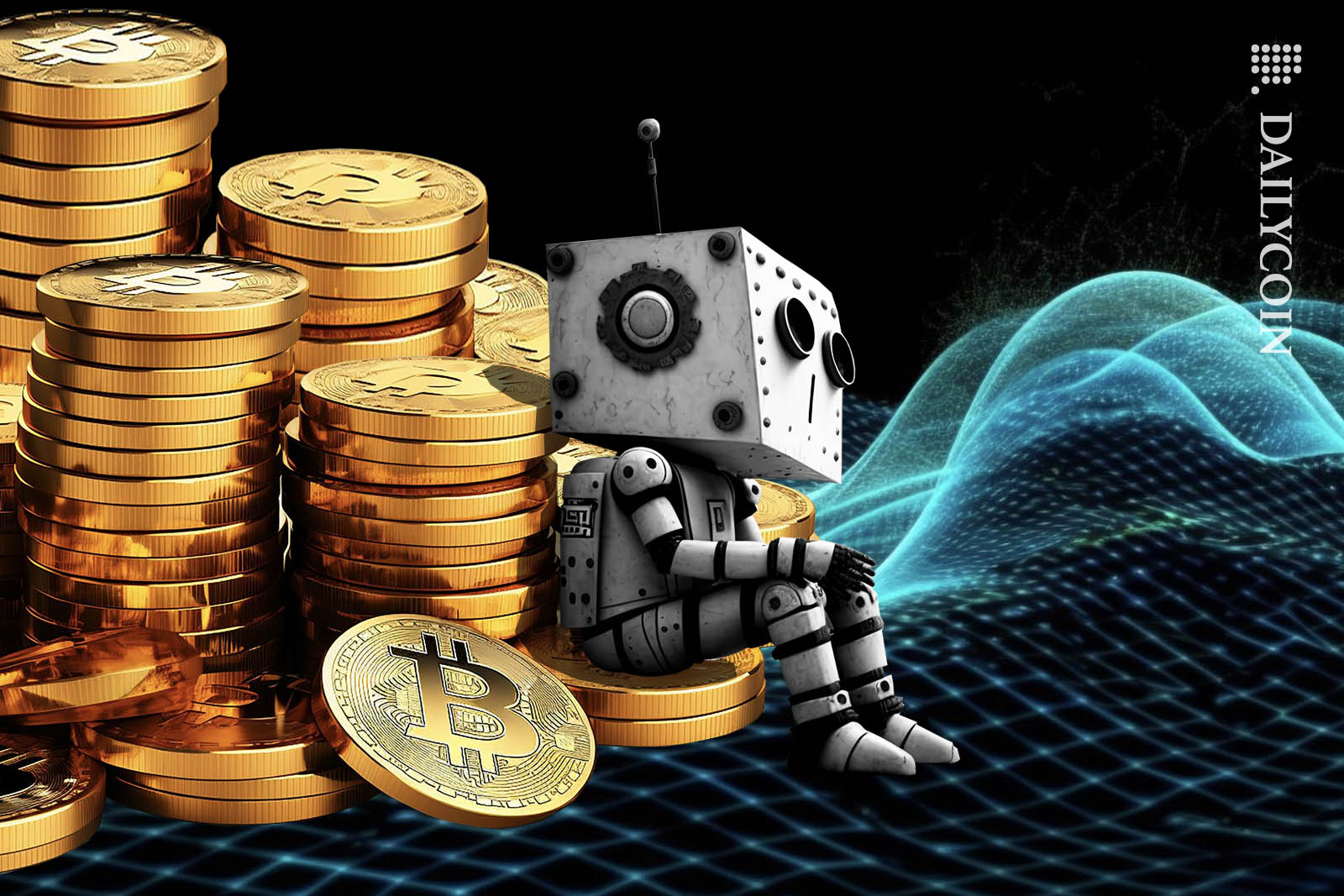 Little grayscale robot sitting on a big pile of bitcoins.