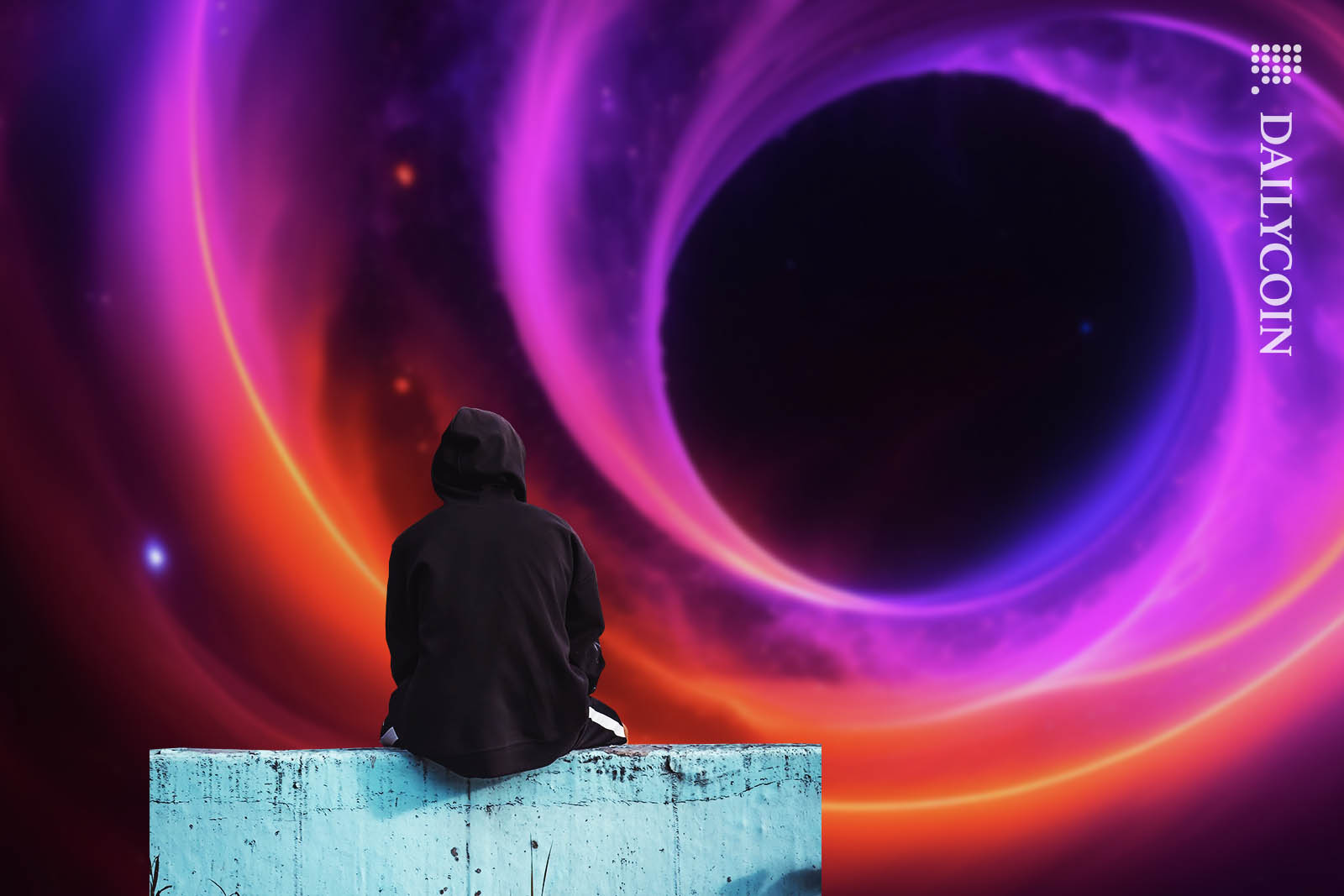 Guy in a black hoodie contemplating infront of a big swirling portal in space.