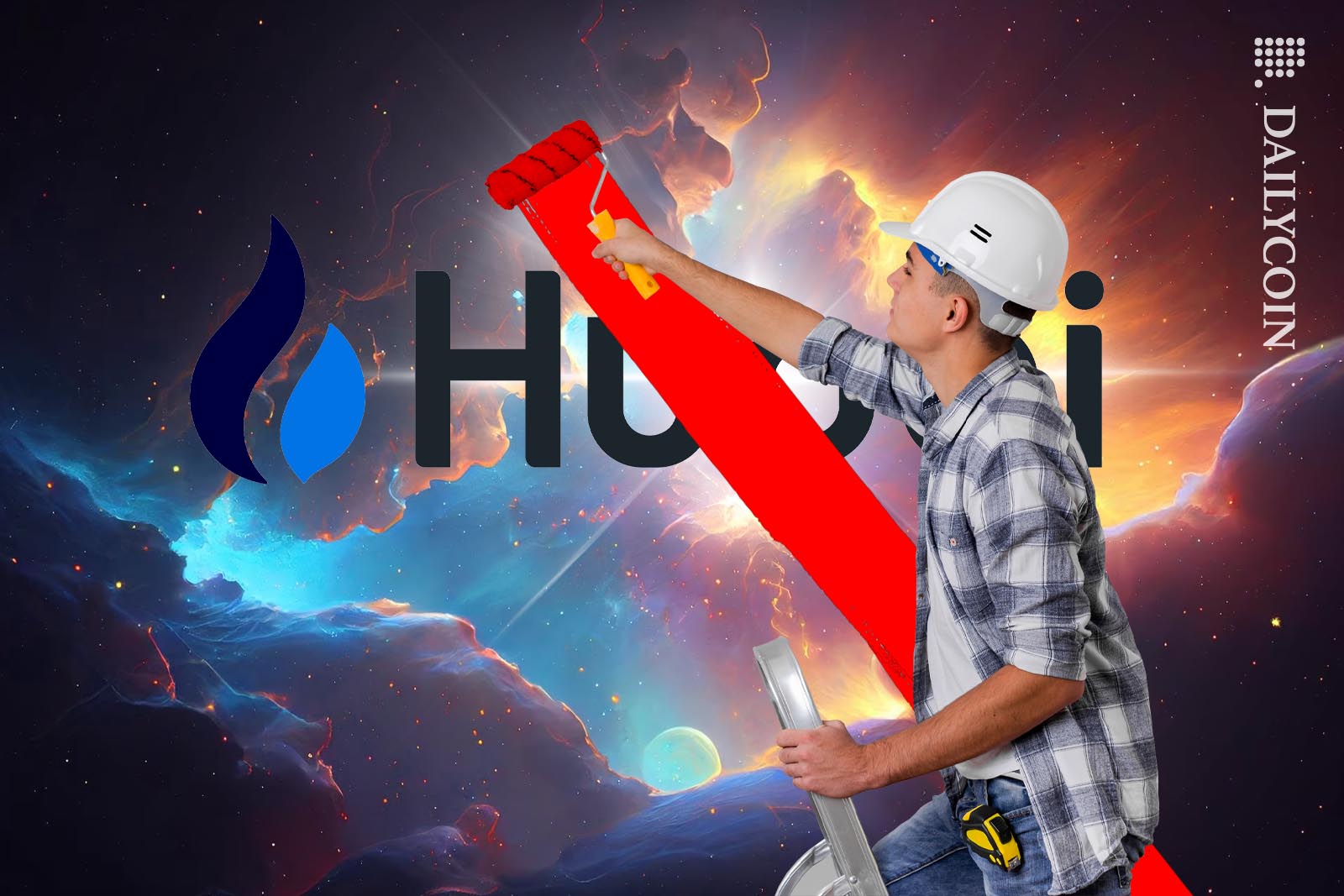 Man wearing a hard hat painting over an old Huobi logi in space.