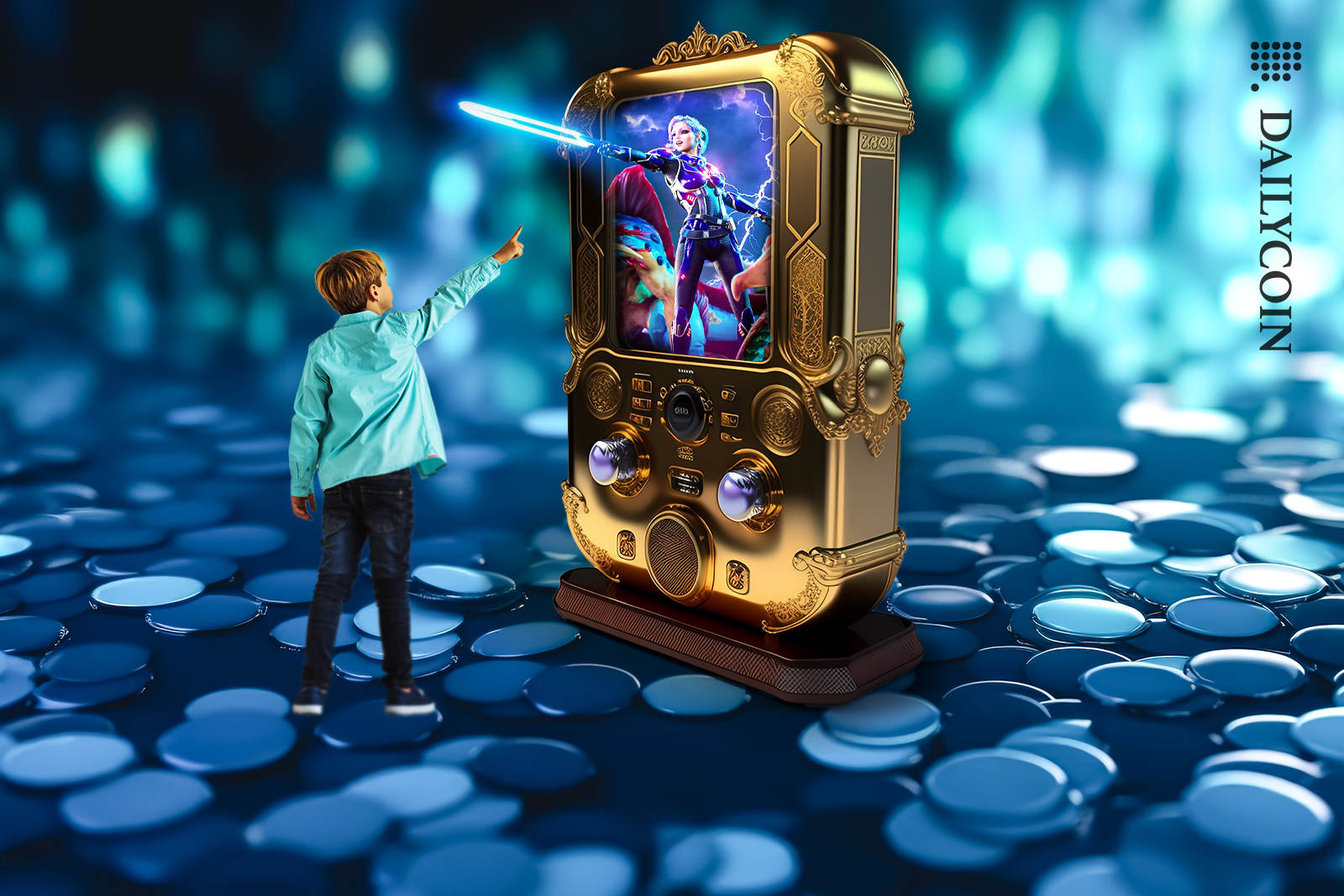 Little boy seeing Illuvium game character coming out a gold console surrounded my millions of coins.
