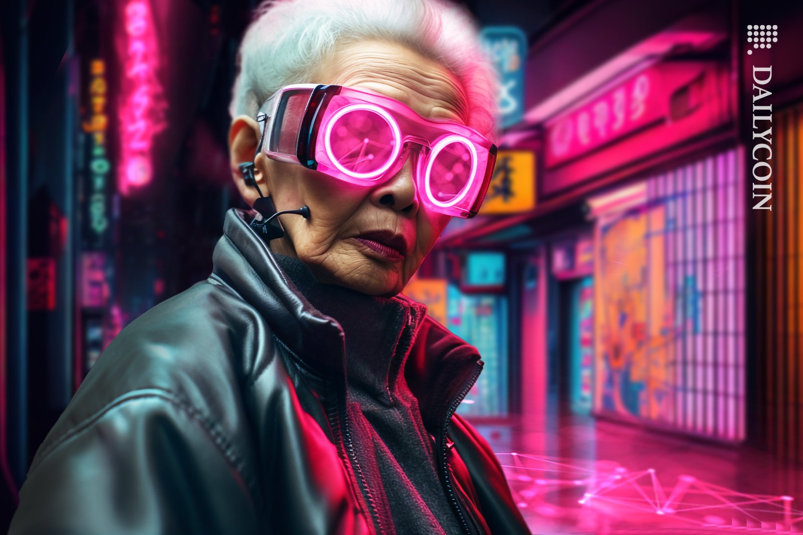 Cool older lady in Japan with streets filled with blockchain and she is wearing neon blockchain glasses.