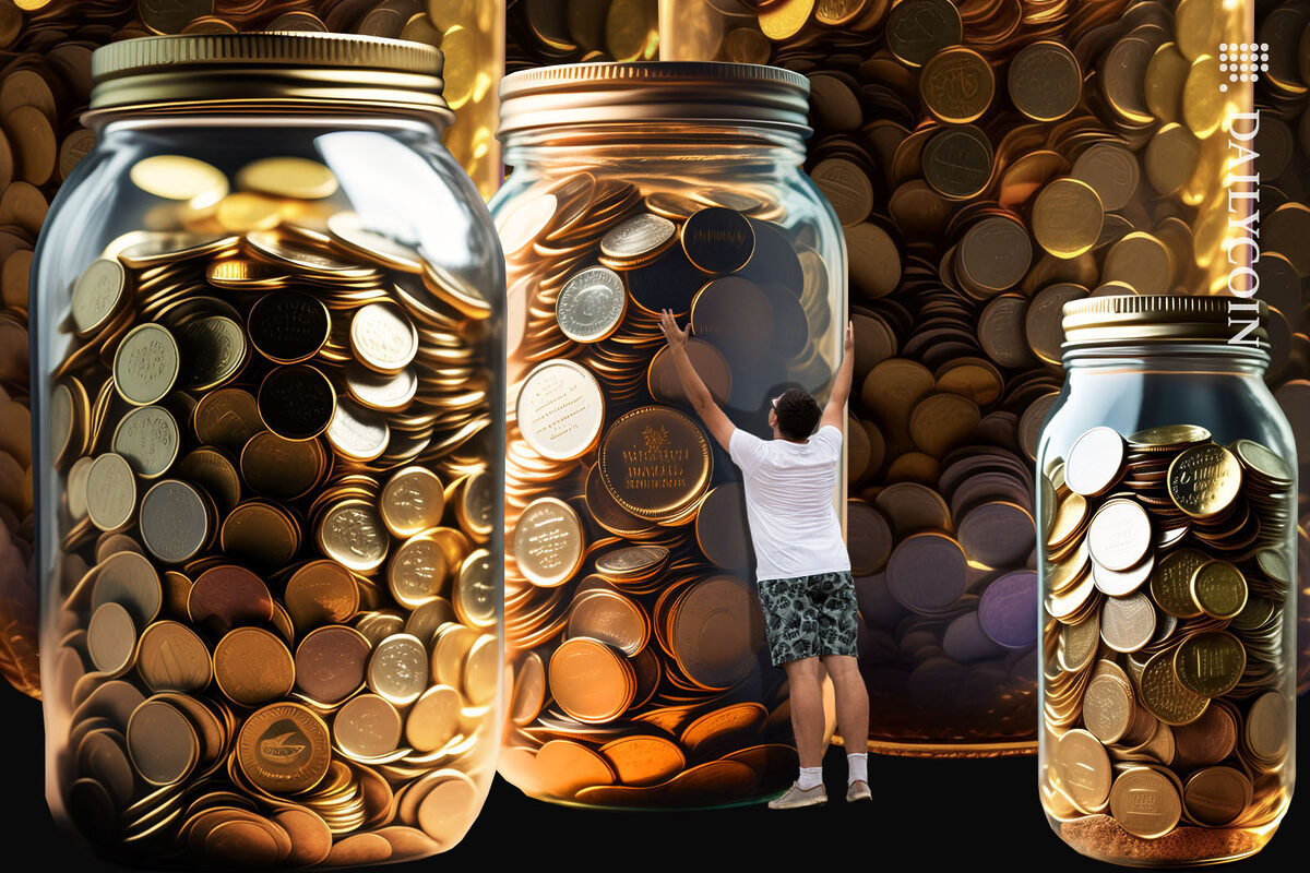 Man in shorts hugging a huge jar of golden coins, surrounded by many more jars filled with millions of coin.