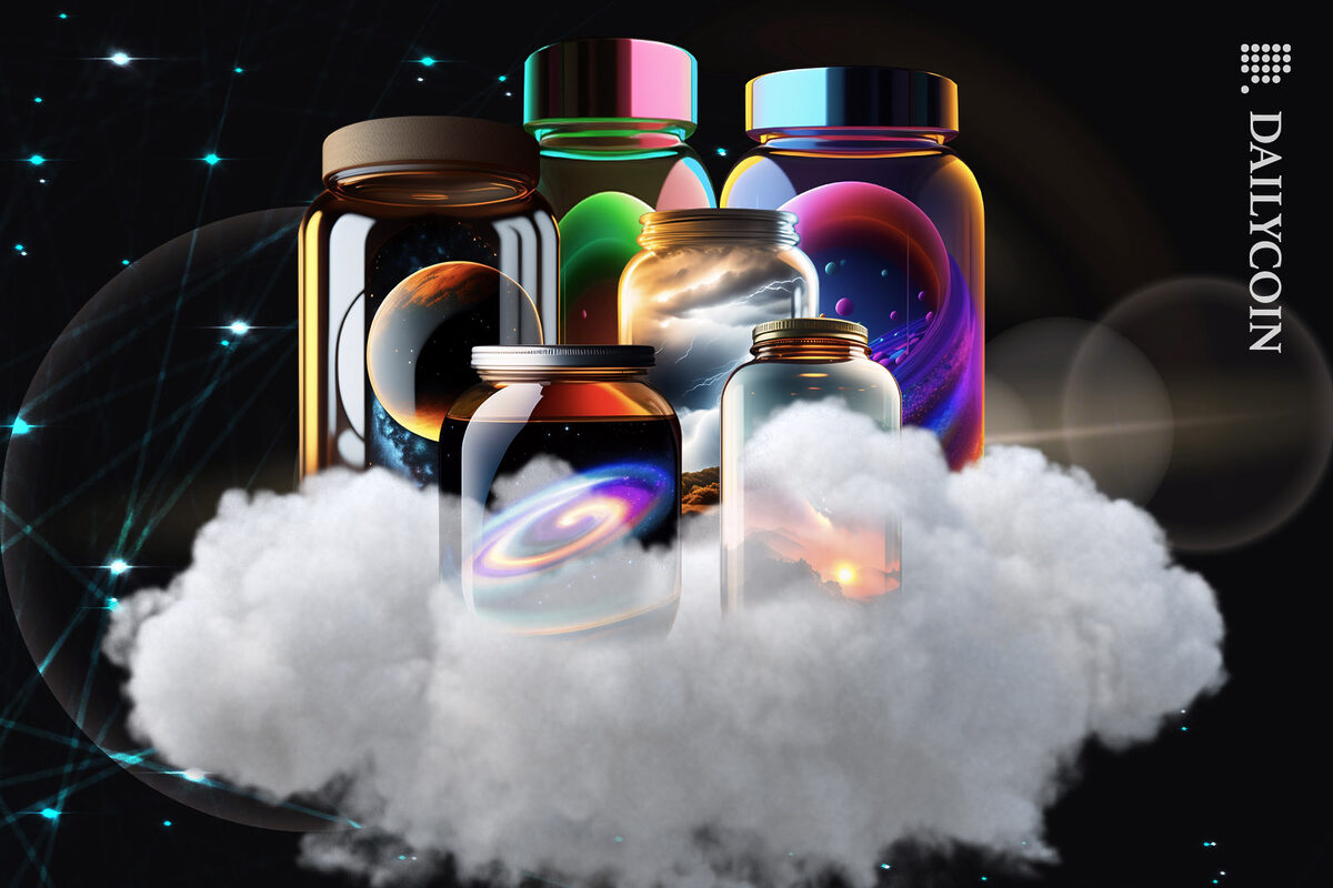 Six colourful jars containing various things sitting on a cloud.