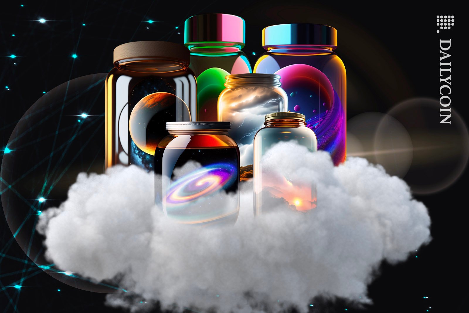 Six colourful jars containing various things sitting on a cloud.