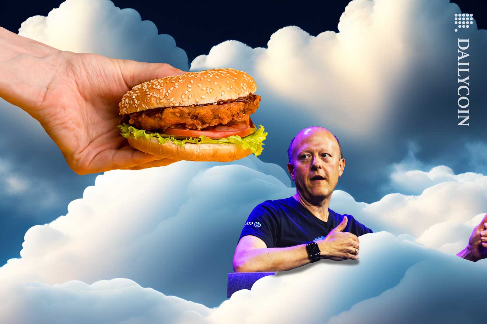 Jeremy Allaire staring at a burger appearing from the clouds.