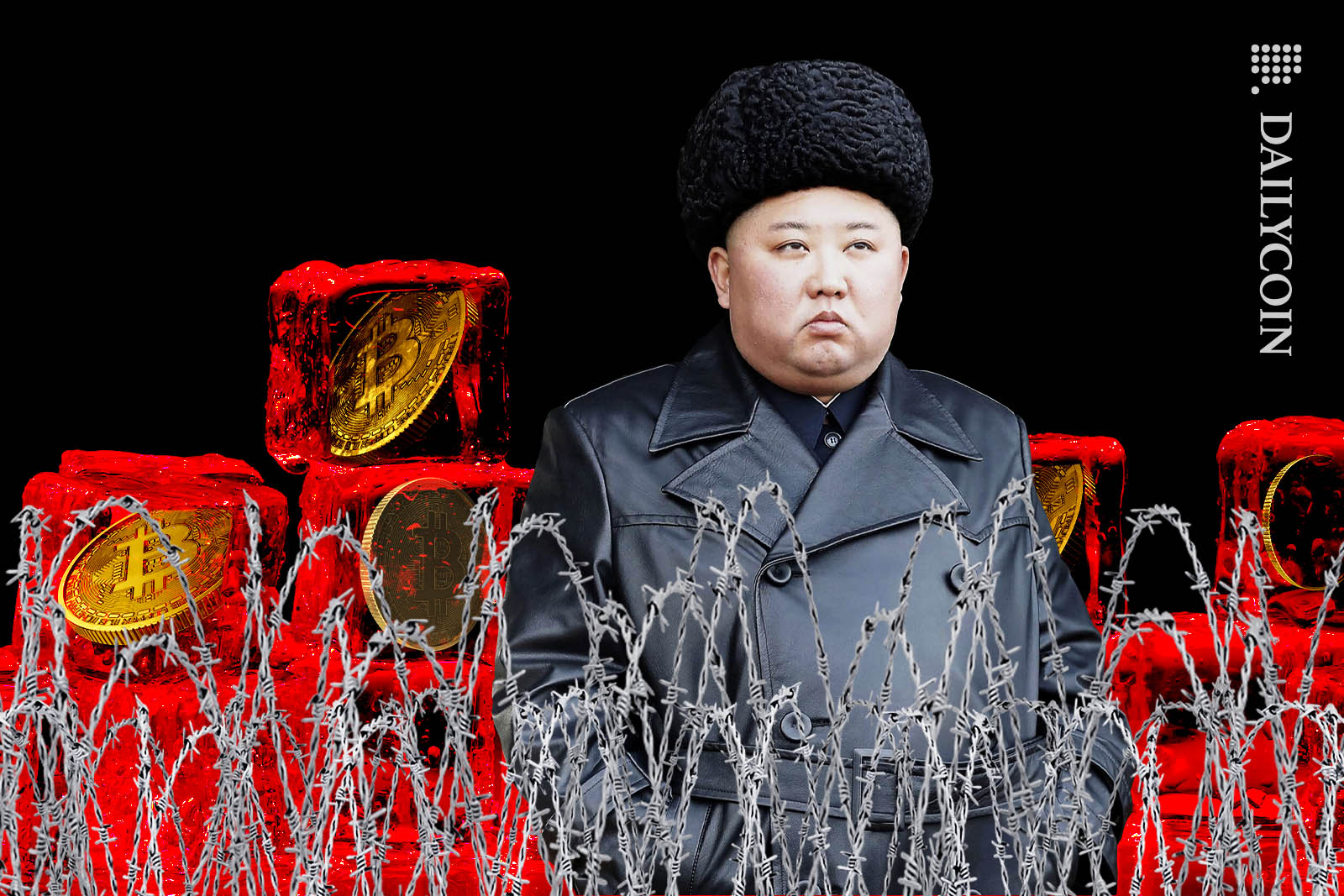 Kim Jong Un appeares to be slightly irritated looking over the fence to South Korea with some frozen coins behind him.