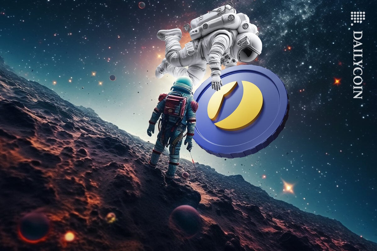 Space man looking at another spaceman hovering in the air holding a giant LUNC coin.