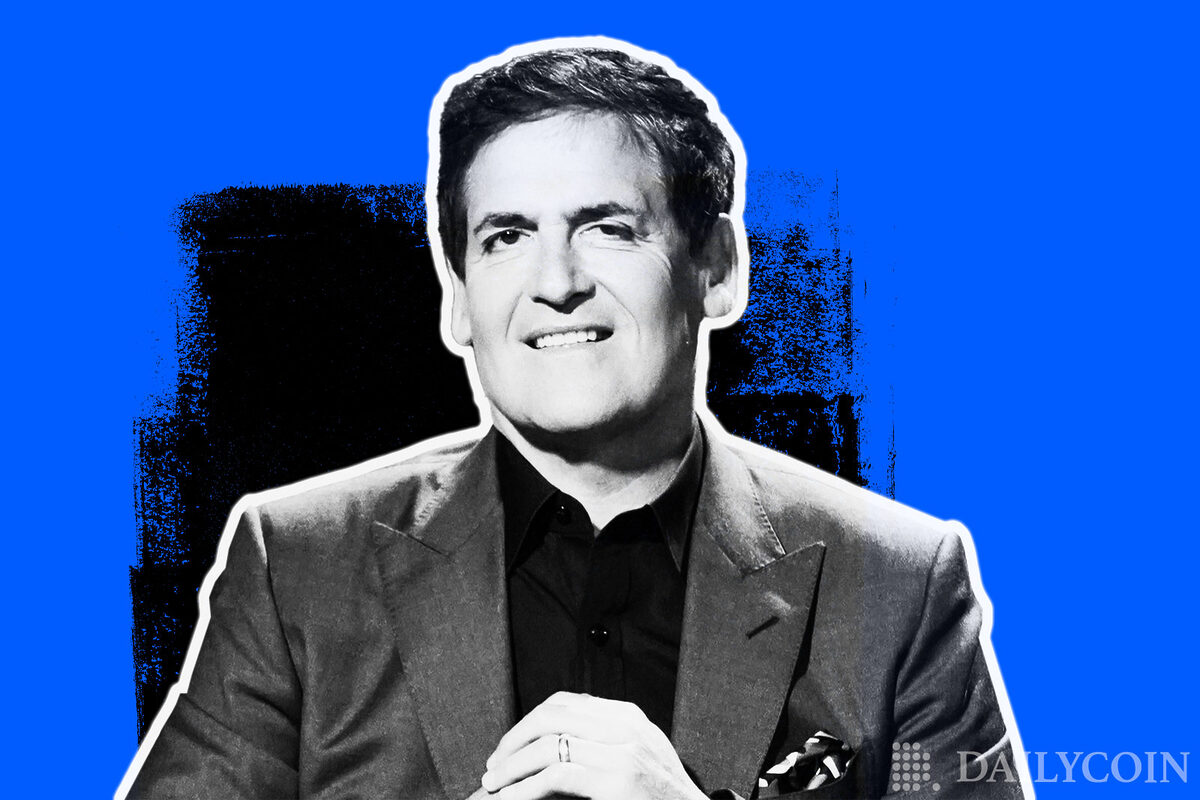 A portrait of Mark Cuban on a blue background.