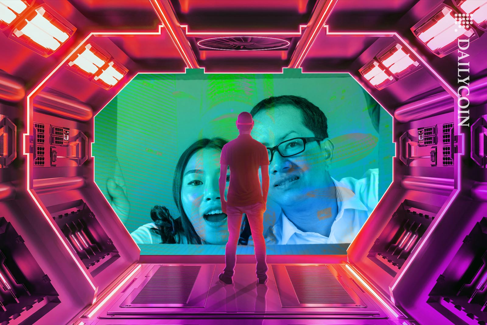 Chinese man and woman looking into a metaverse whilst a guy staring back at them from there.