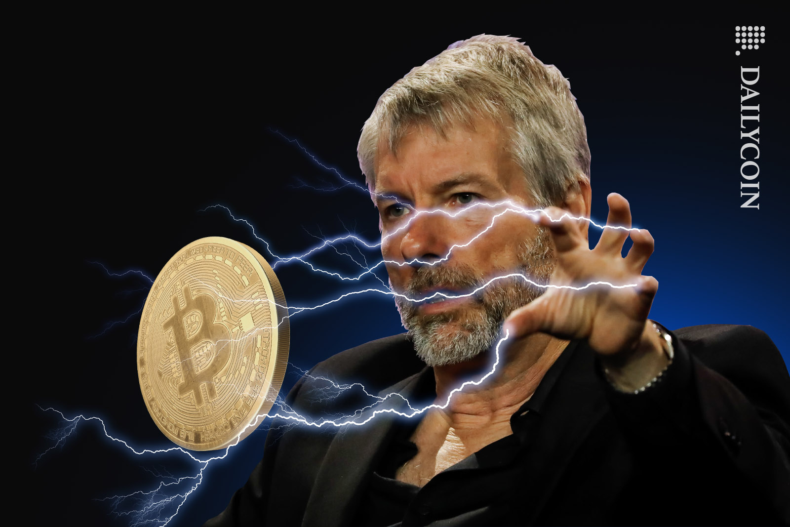 Michael Saylor holding a bitcoin using telekinetic and electrokinetic powers.