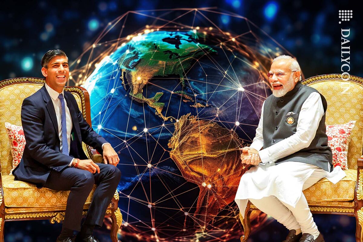 Modi and Sunak sitting in fancy chairs infront of a digital globe.