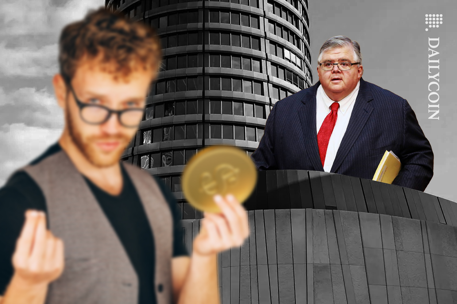 Man showing off his stablecoin outside of BIS bank. Mr Agustín Carstens watching from the building, unimpressed.