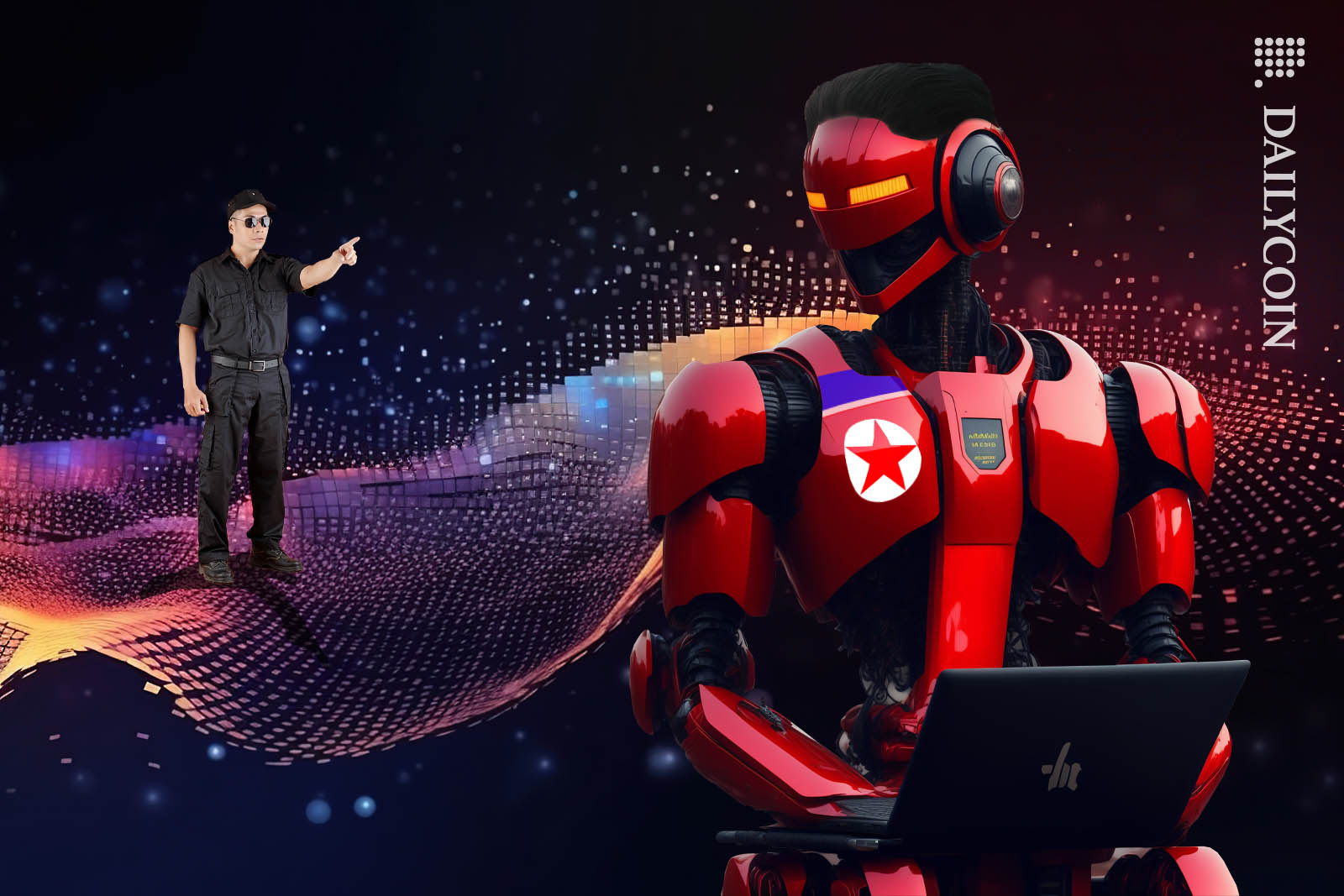 A red robot with North Korean decal and Kim Jong Un style hair being cough red handed in a digital space.