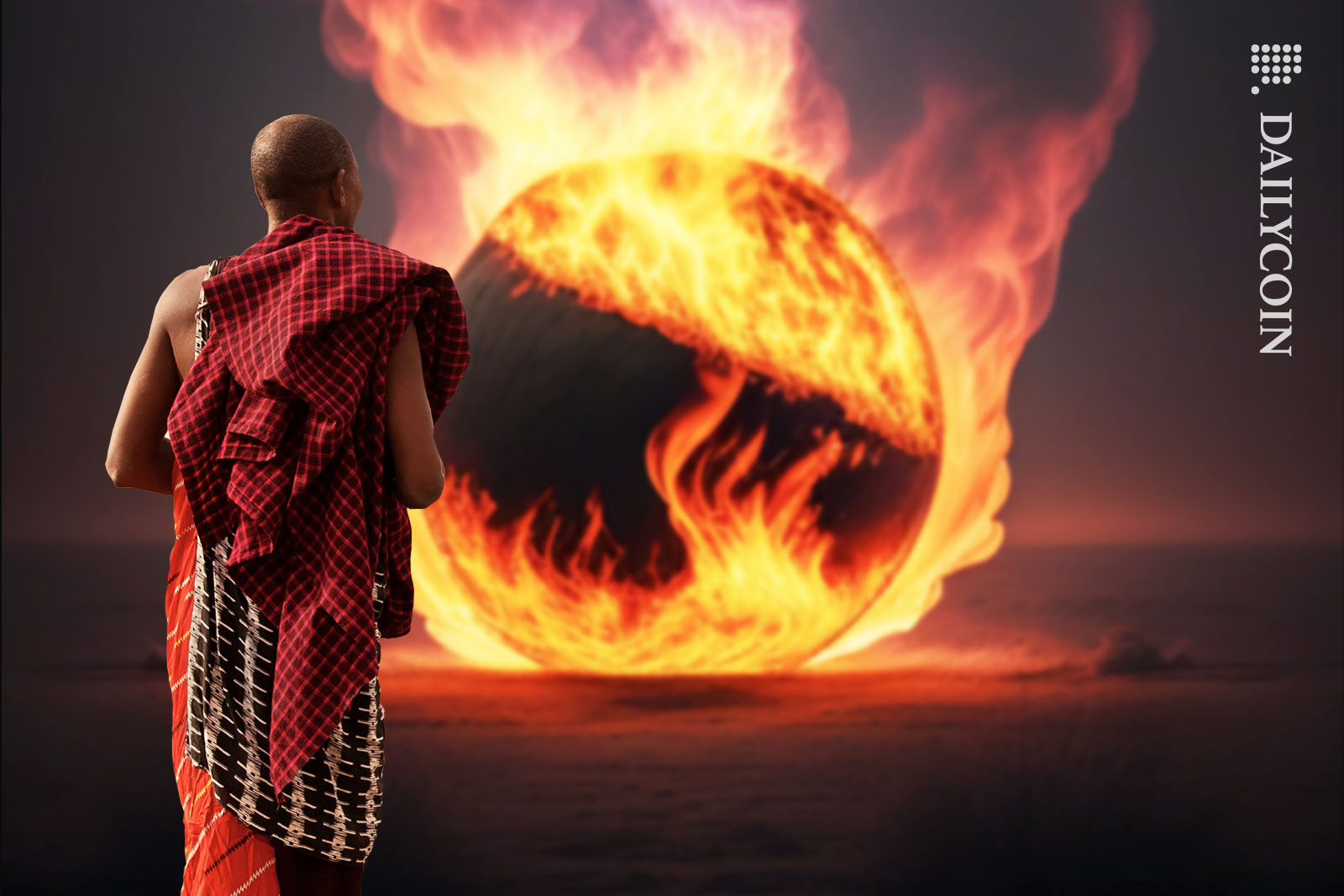 Traditional Kenyan man watching a worldcoin orb burning on a field.