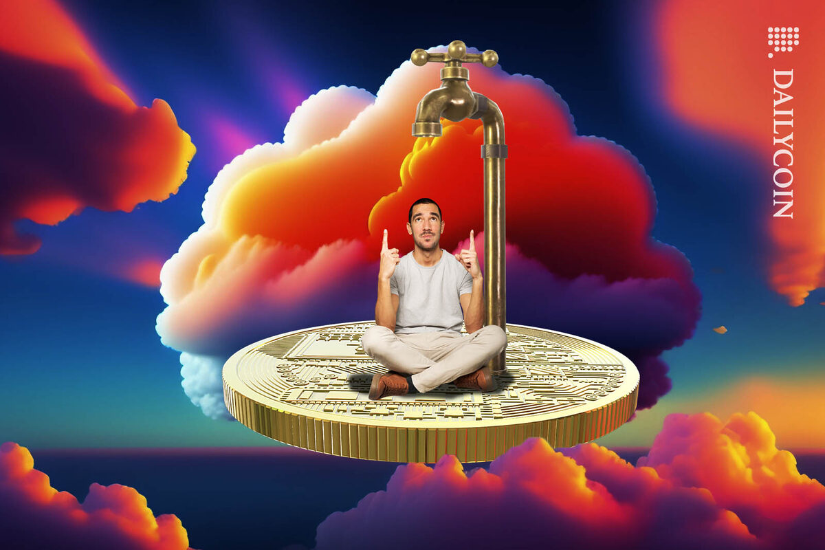 Man sitting on a crypto coin under a tap pointig upwards.