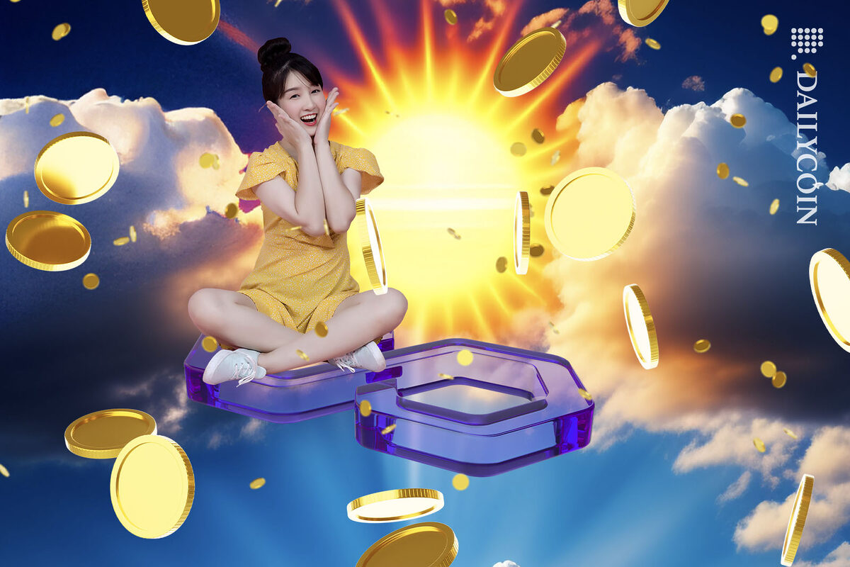 Asian girl sitting on a Polygon logo, golden coins flying all around, sunrise in the background.