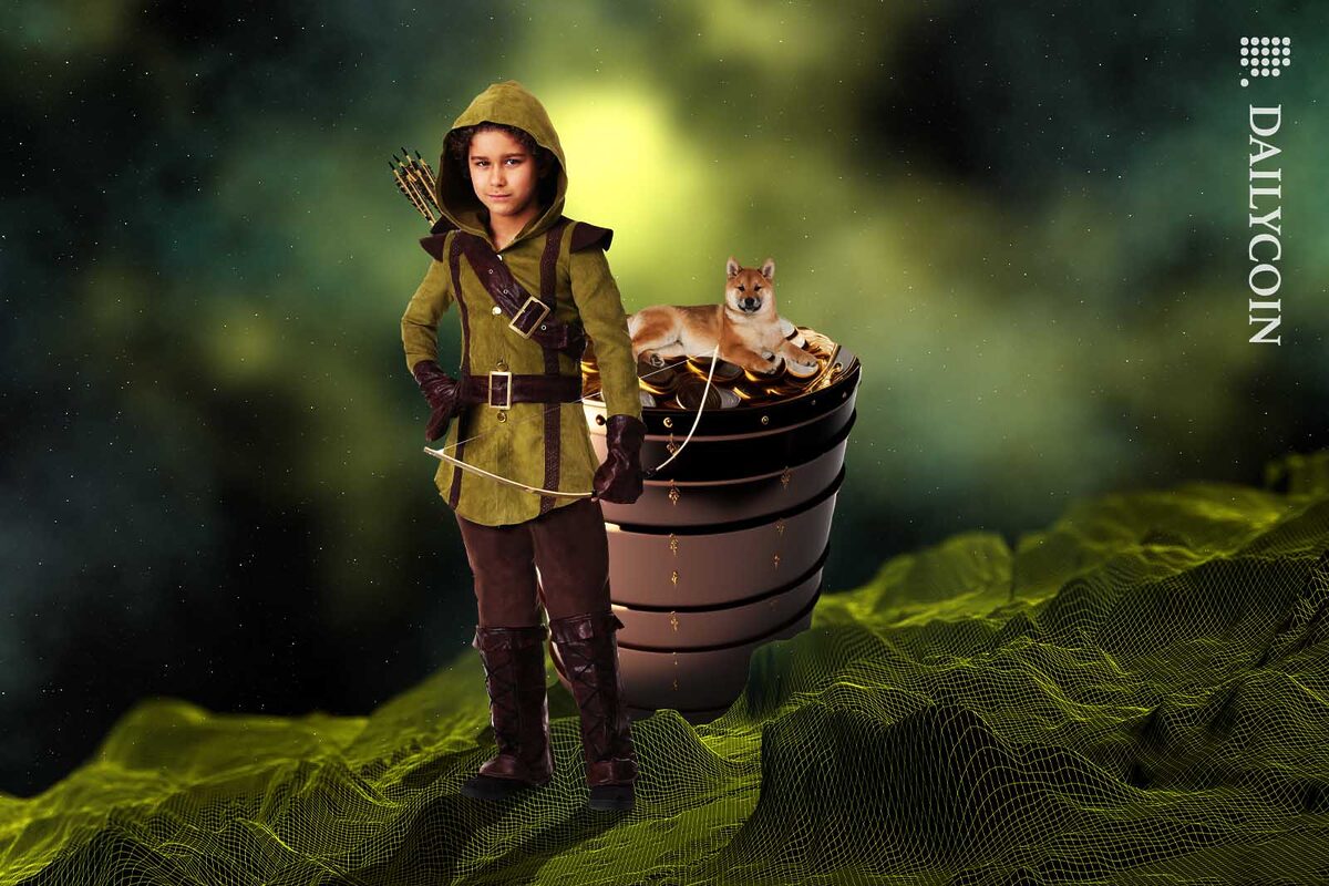 Child dressed as Robin Hood posing infront of a bucket of gold and a Shiba Inu.