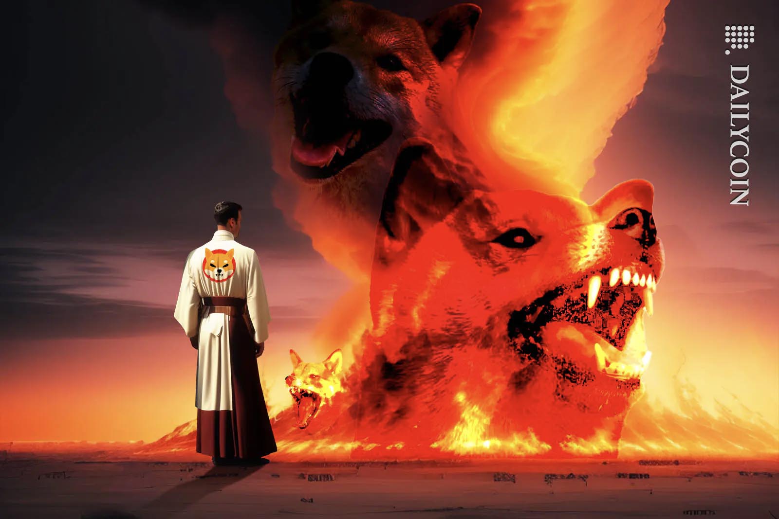 Man wearing a dress with a Shiba Inu logo watching a pile of burning dogs.