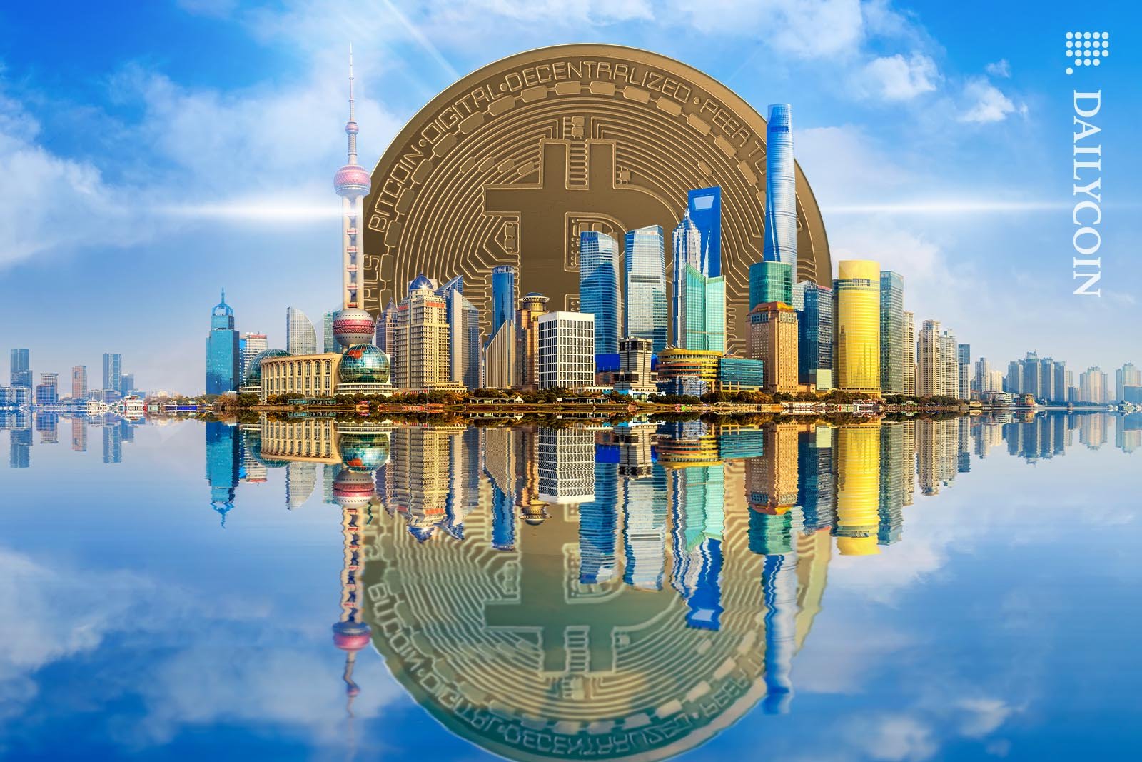 Shanghai skyline dwarfed by a giant Bitcoin sunset.