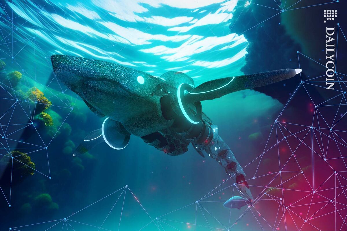 Robot shark swimming in digital waters.