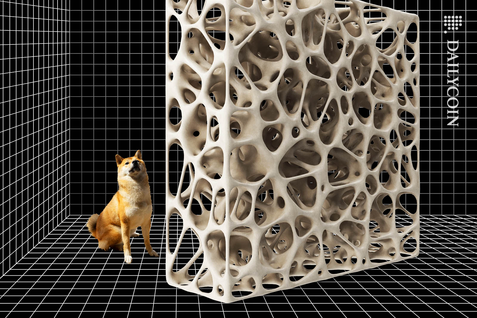 Shiba Inu looking at a huge square bone structure in a wireframe room.
