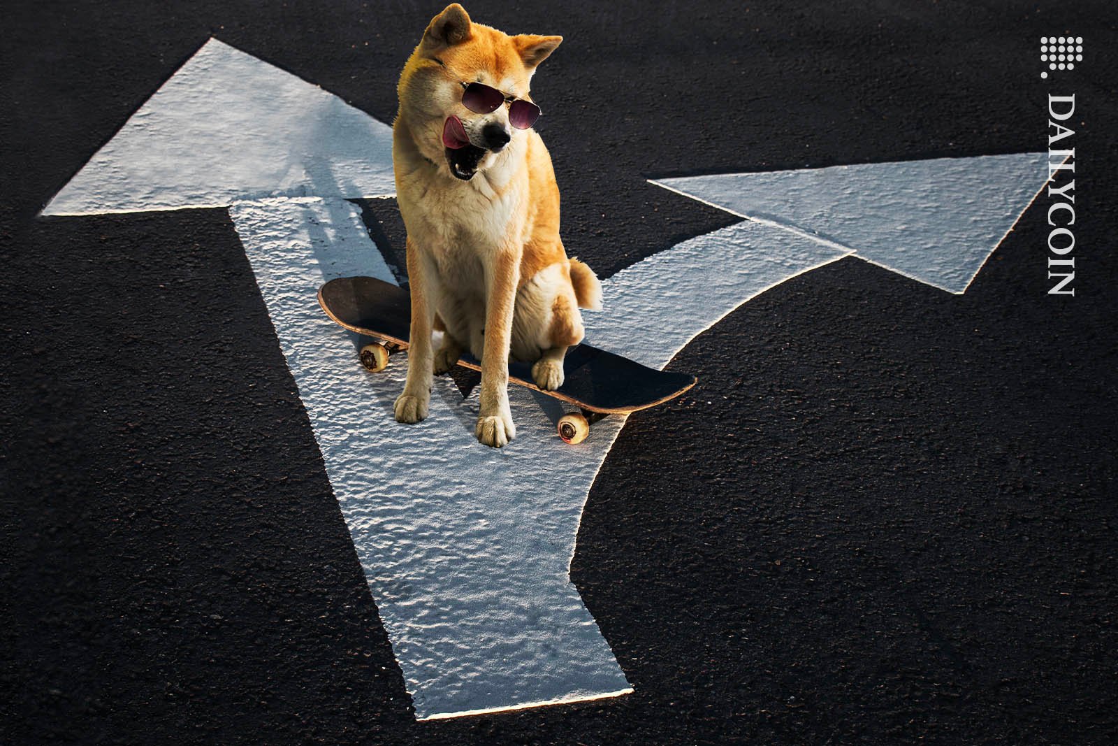 Shiba Inu arrived to crossroads wearing shades and riding a skateboard.