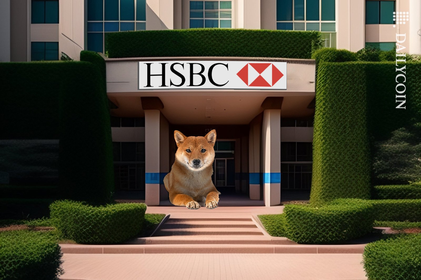 Shiba inu sitting comfortably by the entrance of a HSBC bank.