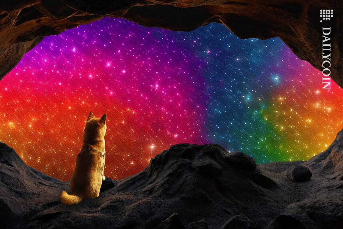 Shiba Inu looking out from a cave staring at a night sky with millions of stars.