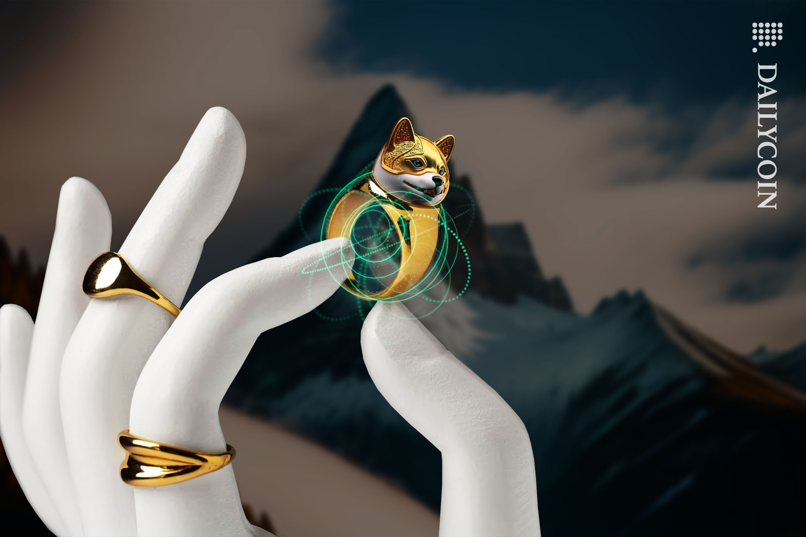 White manequin hand holding up a golden Shiba Inu ring.