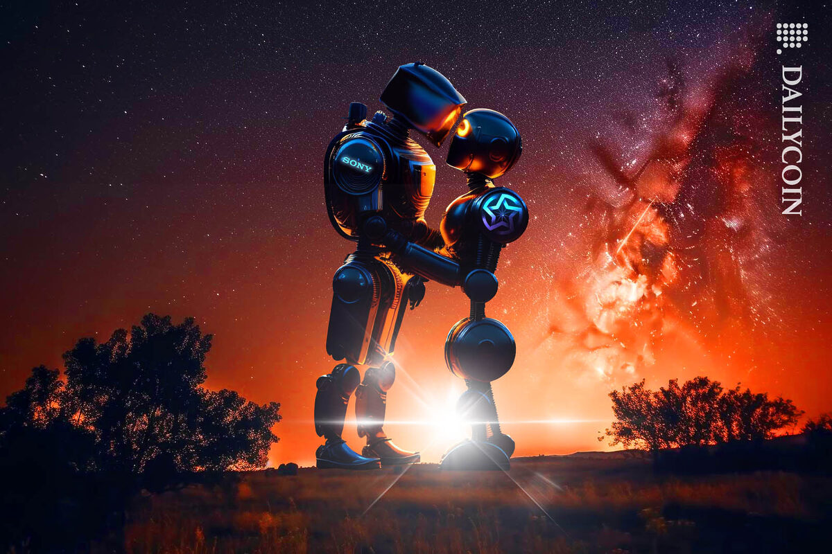 Two robots holding eachother in a romantic way under the stars.