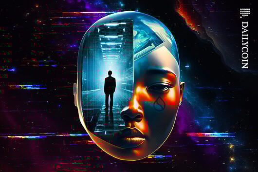 A gateway through a female face into another digital world.