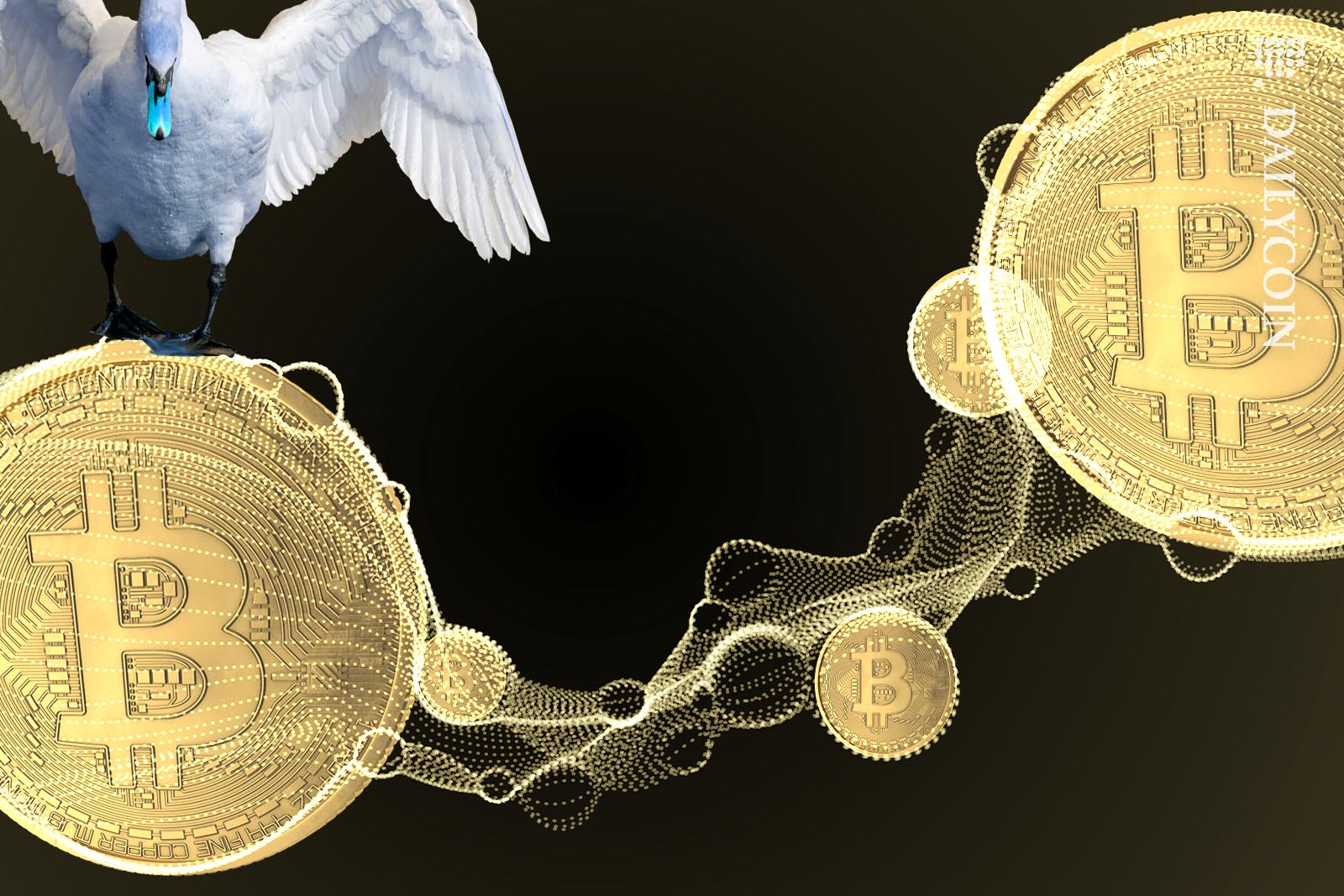 A swan standing on an organic structure of Bitcoins.