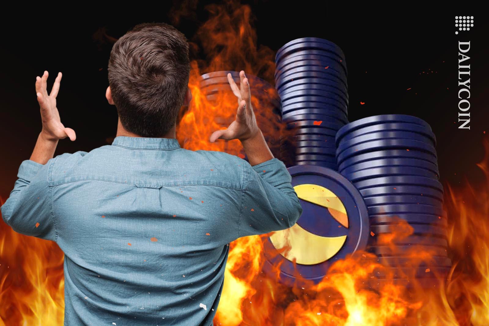 Man encouraging a fire which a engulfing a huge pile of Terra Luna coins.