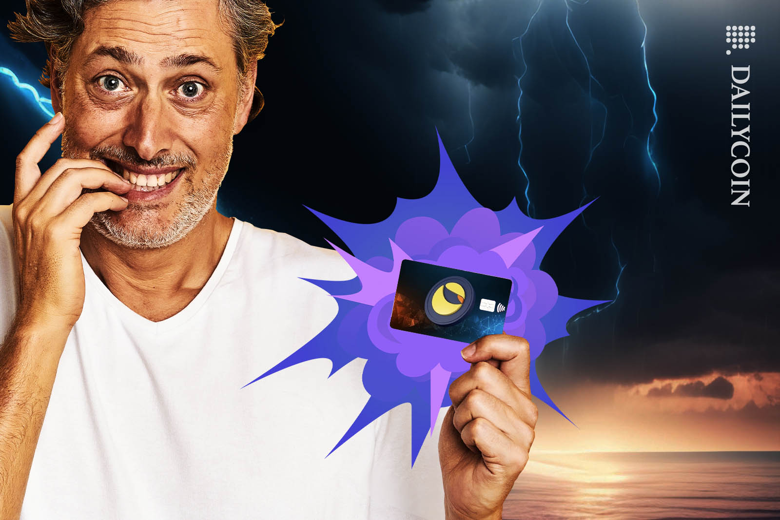 Man looks slightly nervous about using a Terra Luna debit card.