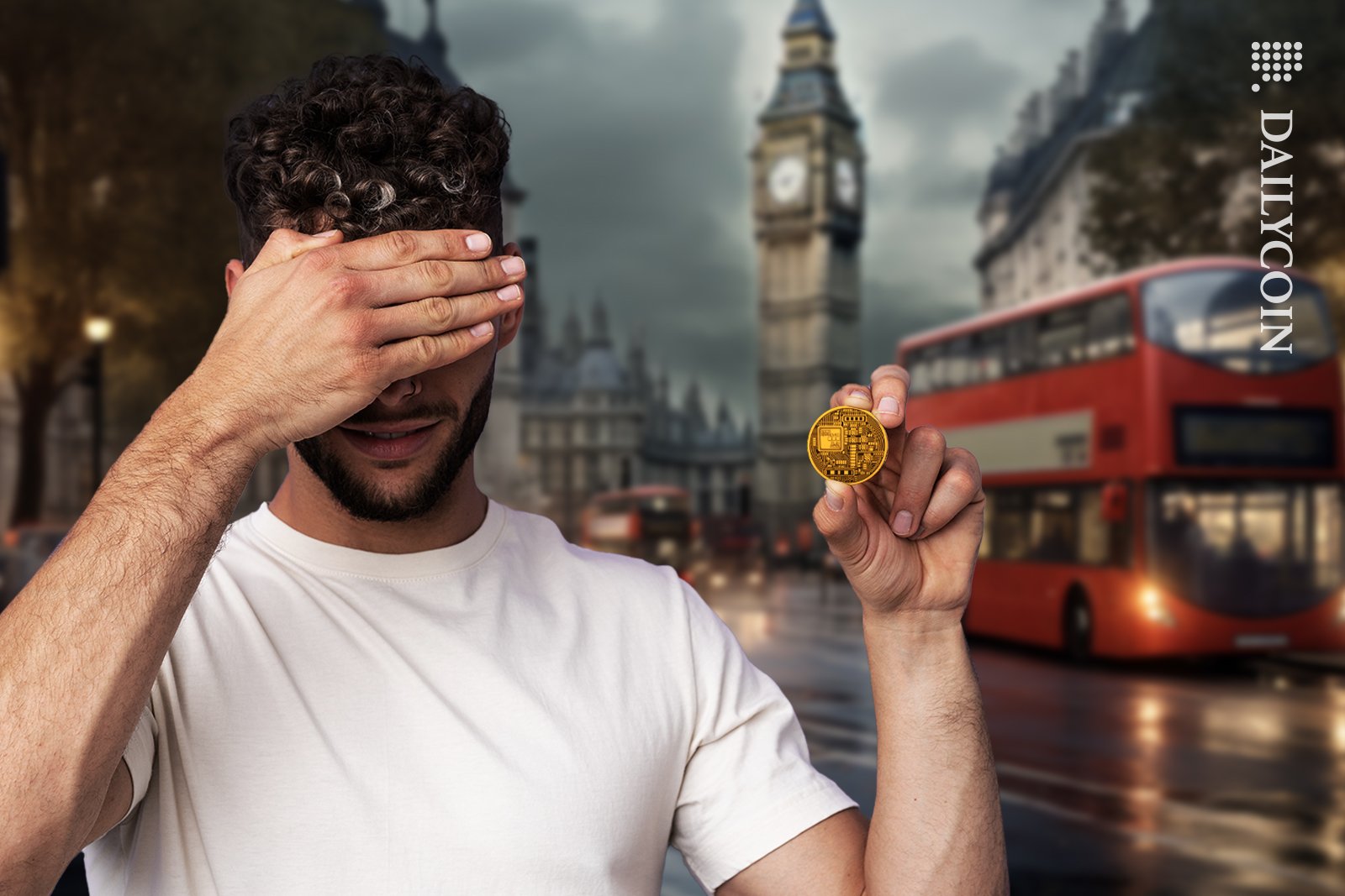 A man holding one crypto coin, covering his eyes in gloomy London.