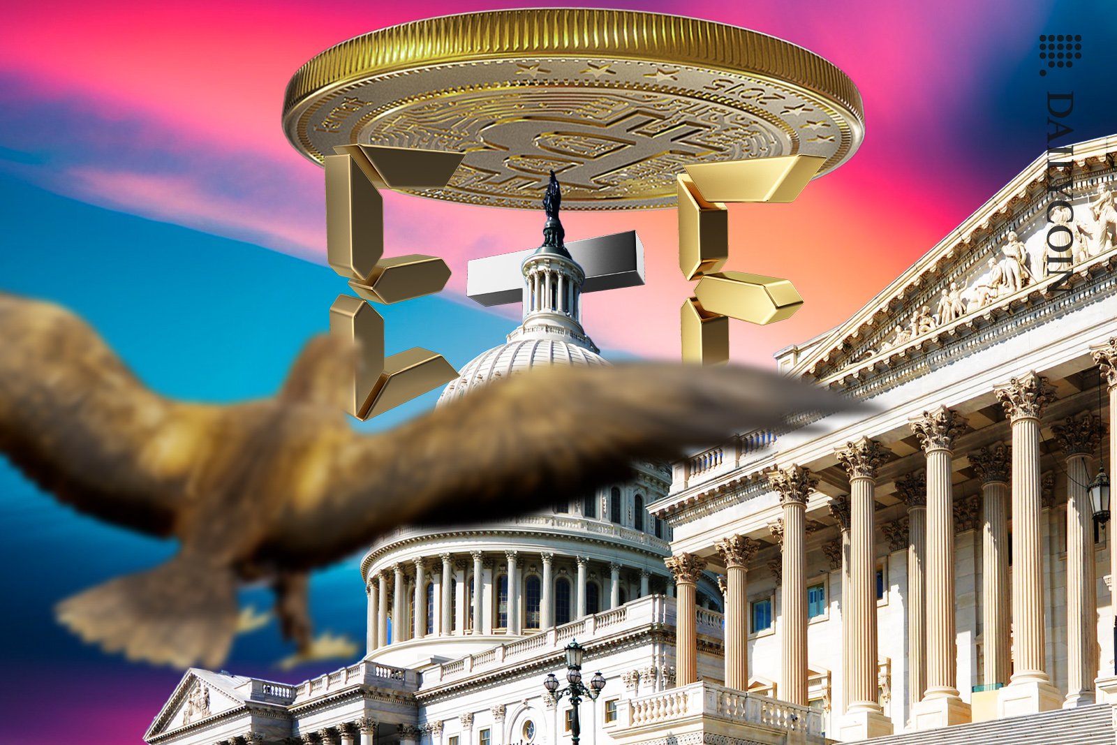 An Eagle seeing Bitcoin ETF hovering over Capitol.