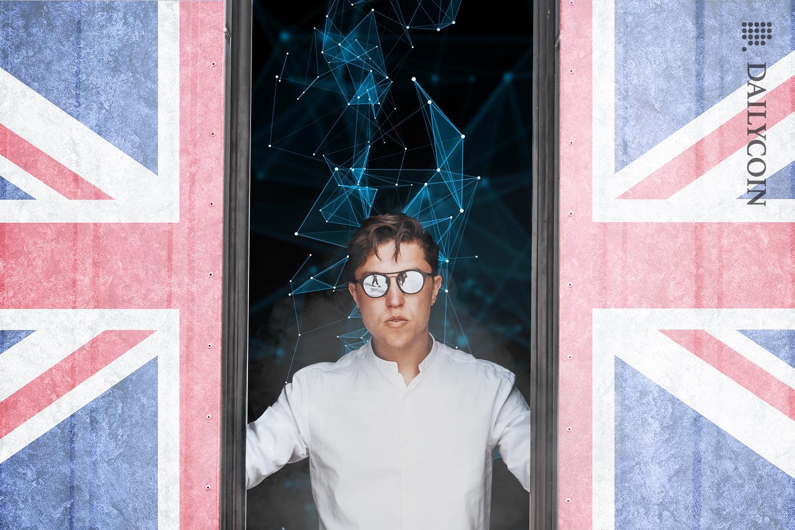 Young handsome man opening a hangar door to a digital world with the Union Jack on it.