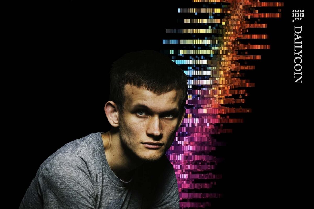 Vitalik Buterin posing infront of and abstract DNA code structure.
