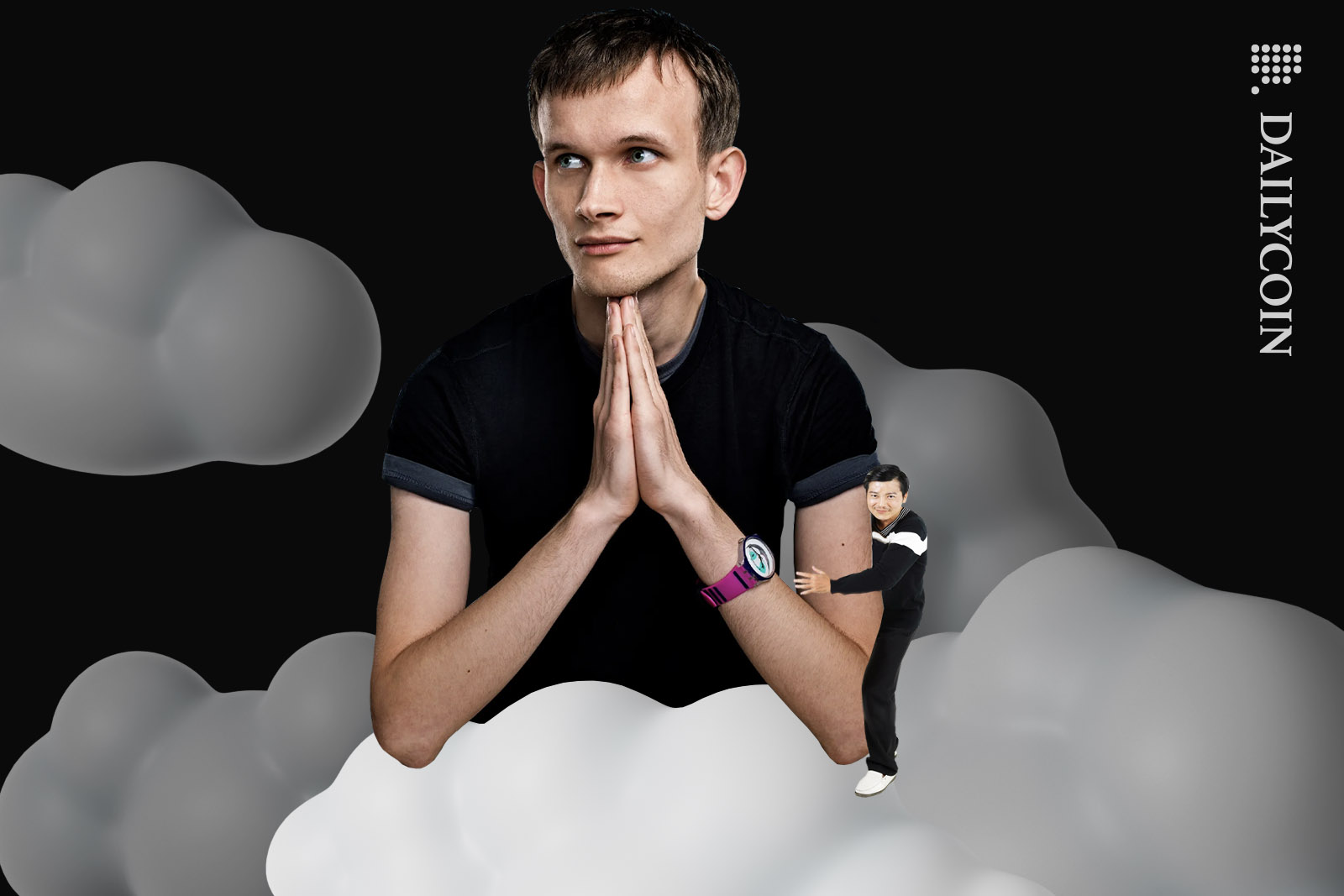 Asian man hugging Vitalik Buterin's arms whilst standing on clouds.