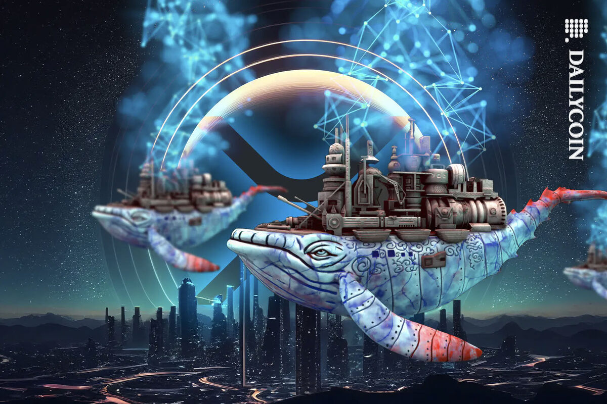 XRP whales swimming above a futuristic city.